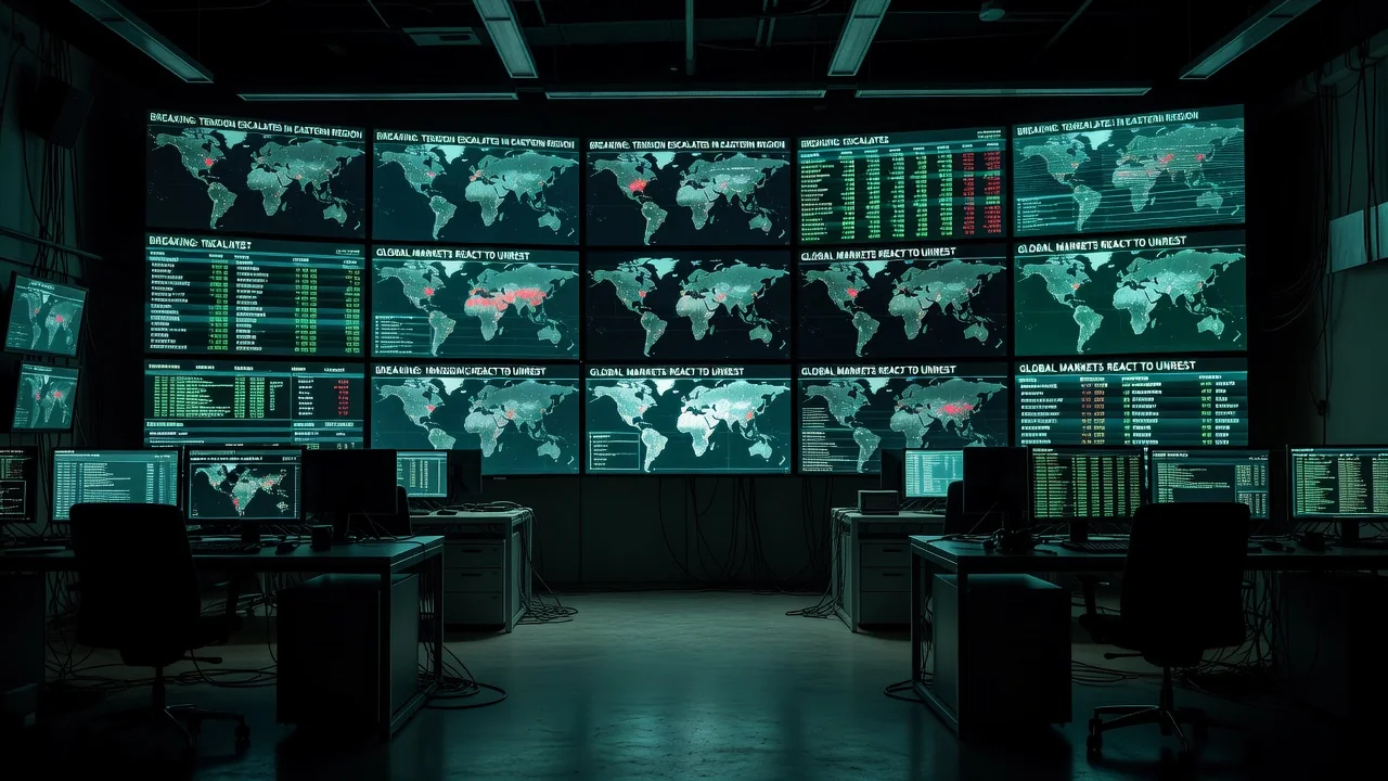 Modern haber merkezinde monitörler önünde haber akış ekranları
