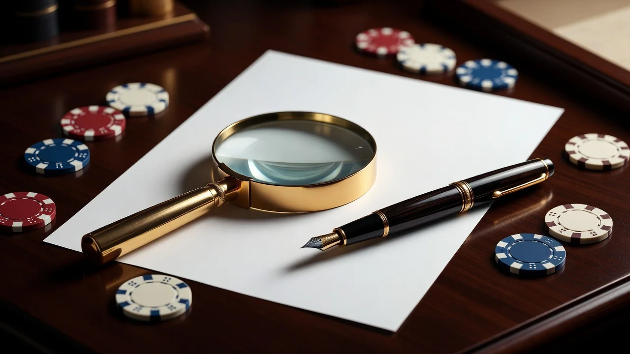 Böyüdücü şüşə, sənəd və casino fişləri — detallara diqqət