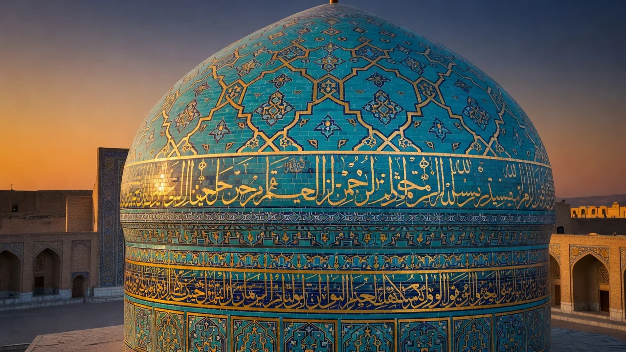 Semerkant'ta Registan Meydanı'nın çinili kubbeleri gün batımında