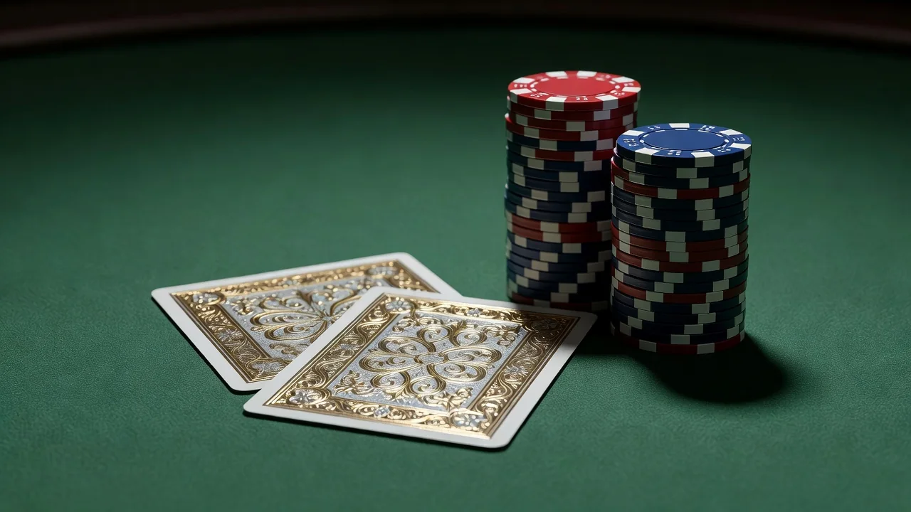 Poker masasında fişlər və kartlar — oyun anı