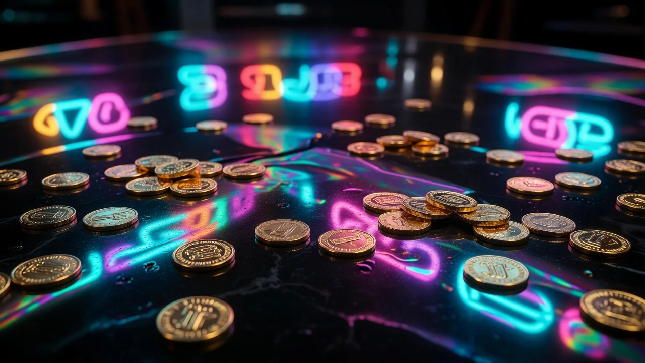 Neon işıq əksləri və qızıl sikkələr — casino atmosferi