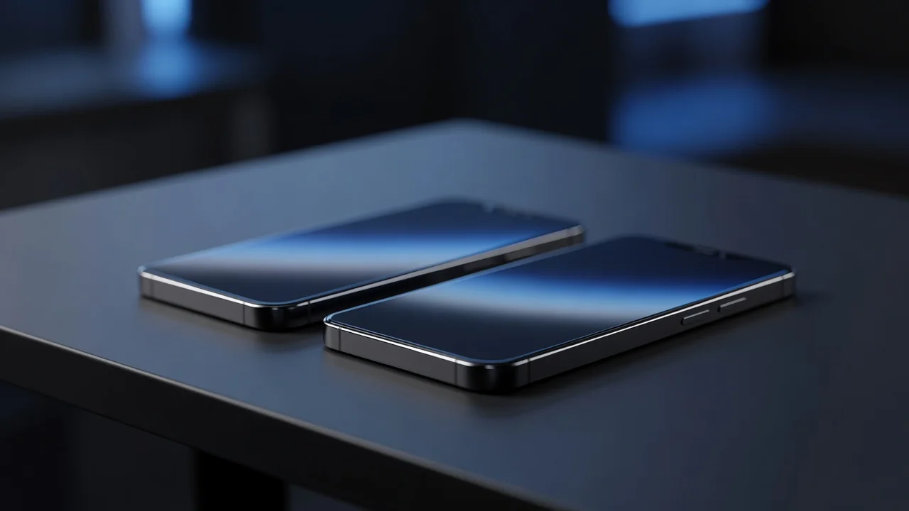 İki smartfon və mavi neon əkslər — mobil texnologiya